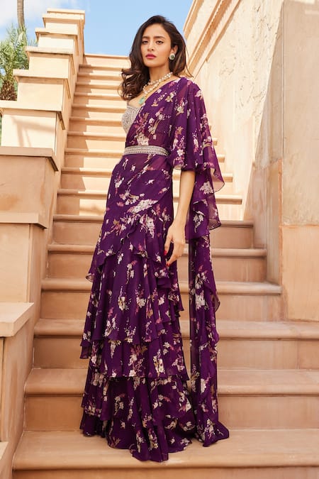 Sana Barreja_Purple Georgette Magnolia V Neck Nargis Printed Ruffle Pre-draped Saree Set_Online_at_Aza_Fashions