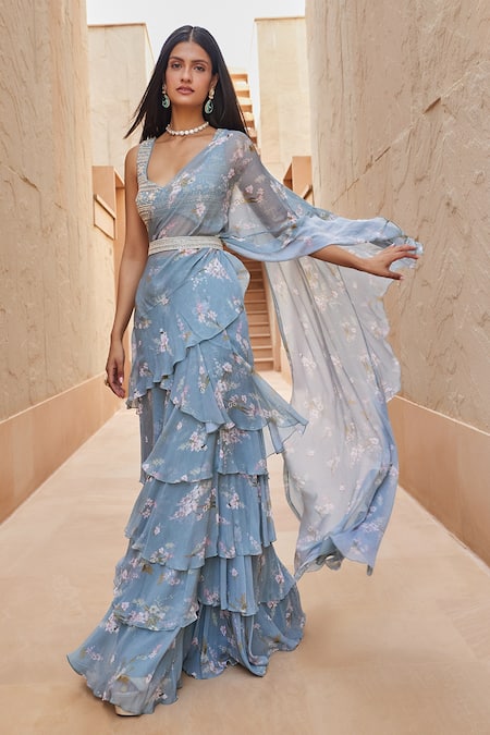 Sana Barreja_Blue Georgette Magnolia Leaf Neck Aasma Printed Ruffle Pre-draped Saree Set_Online_at_Aza_Fashions