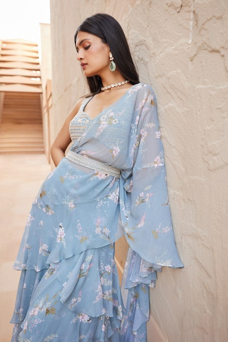 Buy_Sana Barreja_Blue Georgette Magnolia Leaf Neck Aasma Printed Ruffle Pre-draped Saree Set_Online_at_Aza_Fashions