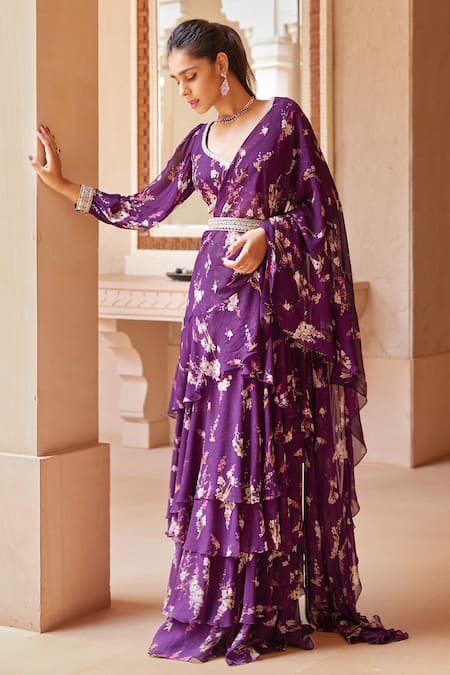 Sana Barreja_Purple Georgette Magnolia V Neck Farisha Printed Ruffle Pre-draped Saree Set_Online_at_Aza_Fashions