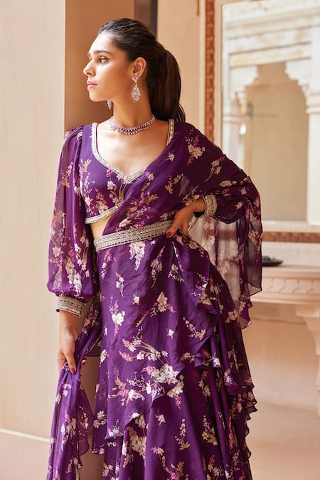 Buy_Sana Barreja_Purple Georgette Magnolia V Neck Farisha Printed Ruffle Pre-draped Saree Set_Online_at_Aza_Fashions