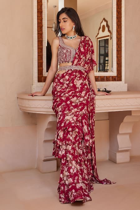 Sana Barreja_Fuchsia Georgette, Lining Shantoon Athena Pre-draped Saree With Blouse _Online_at_Aza_Fashions