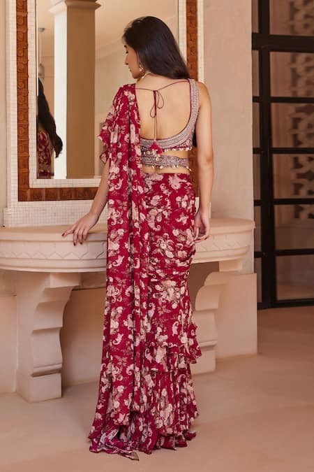 Shop_Sana Barreja_Fuchsia Georgette, Lining Shantoon Athena Pre-draped Saree With Blouse _at_Aza_Fashions