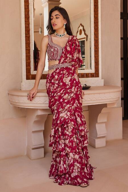 Buy_Sana Barreja_Fuchsia Georgette, Lining Shantoon Athena Pre-draped Saree With Blouse _Online_at_Aza_Fashions