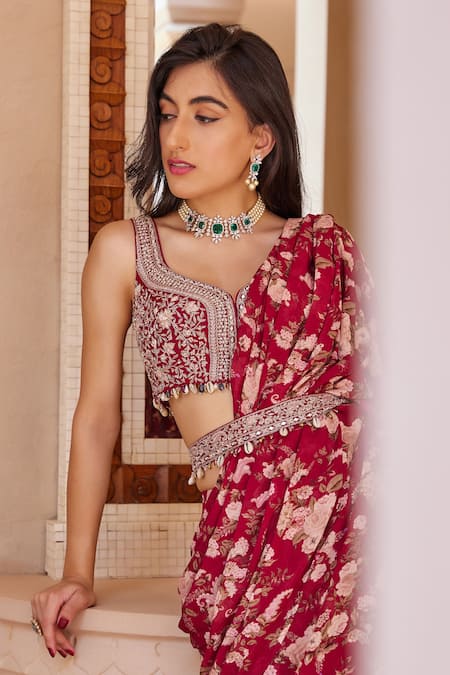 Shop_Sana Barreja_Fuchsia Georgette, Lining Shantoon Athena Pre-draped Saree With Blouse _Online_at_Aza_Fashions