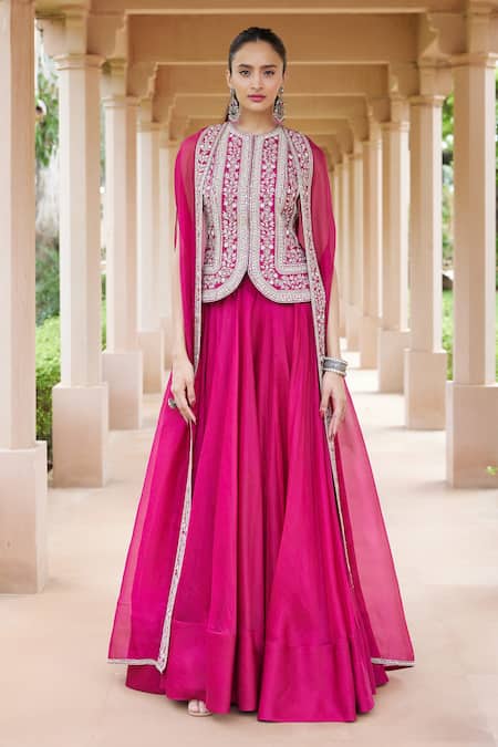 Shop Sana Barreja Fuchsia Shantoon, Lining Crepe, Organza And Mehar Jacket Lehenga Set With Cape at Aza Fashions Shop_Sana Barreja_Fuchsia Shantoon, Lining Crepe, Organza And Mehar Jacket Lehenga Set With Cape _at_Aza_Fashions