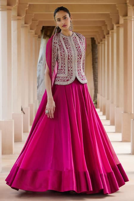 Sana Barreja Fuchsia Shantoon, Lining Crepe, Organza And Mehar Jacket Lehenga Set With Cape Online at Aza Fashions Sana Barreja_Fuchsia Shantoon, Lining Crepe, Organza And Mehar Jacket Lehenga Set With Cape _Online_at_Aza_Fashions