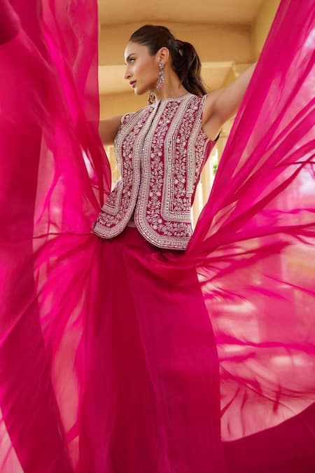 Buy Sana Barreja Fuchsia Shantoon, Lining Crepe, Organza And Mehar Jacket Lehenga Set With Cape Online at Aza Fashions Buy_Sana Barreja_Fuchsia Shantoon, Lining Crepe, Organza And Mehar Jacket Lehenga Set With Cape _Online_at_Aza_Fashions