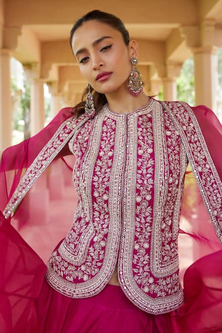 Shop Sana Barreja Fuchsia Shantoon, Lining Crepe, Organza And Mehar Jacket Lehenga Set With Cape Online at Aza Fashions Shop_Sana Barreja_Fuchsia Shantoon, Lining Crepe, Organza And Mehar Jacket Lehenga Set With Cape _Online_at_Aza_Fashions