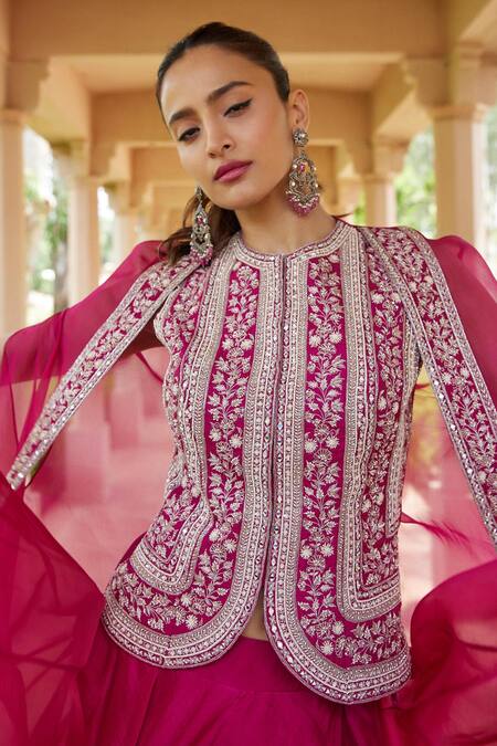 Sana Barreja Fuchsia Shantoon, Lining Crepe, Organza And Mehar Jacket Lehenga Set With Cape at Aza Fashions Sana Barreja_Fuchsia Shantoon, Lining Crepe, Organza And Mehar Jacket Lehenga Set With Cape _at_Aza_Fashions
