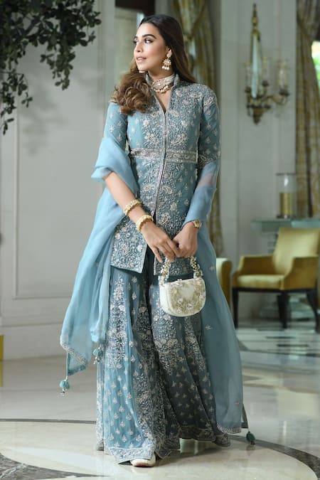 Sana Barreja_Blue Net, Lining Crepe Floral-paisley Shahana Embroidered Jacket Gharara Set _Online_at_Aza_Fashions