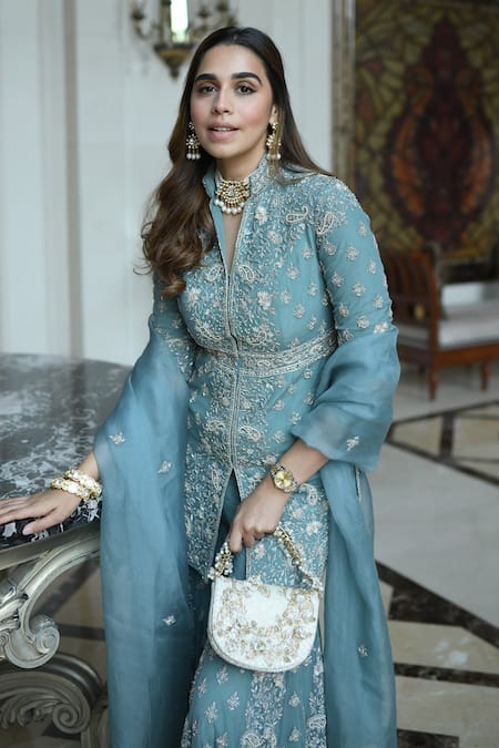 Buy_Sana Barreja_Blue Net, Lining Crepe Floral-paisley Shahana Embroidered Jacket Gharara Set _Online_at_Aza_Fashions