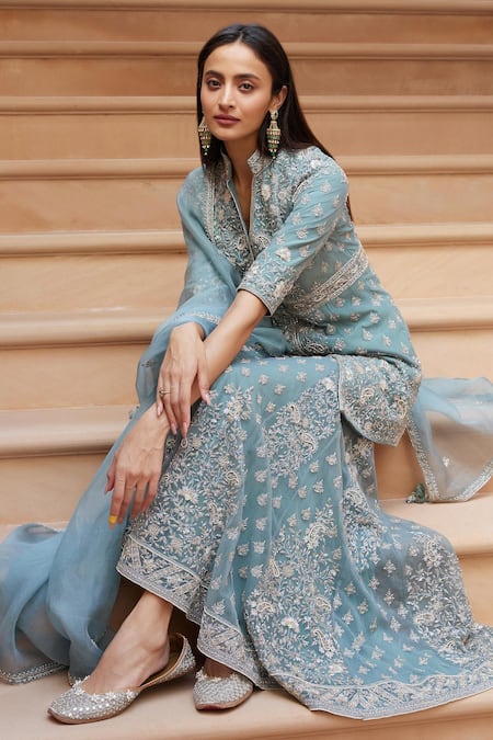 Shop_Sana Barreja_Blue Net, Lining Crepe Floral-paisley Shahana Embroidered Jacket Gharara Set _Online_at_Aza_Fashions