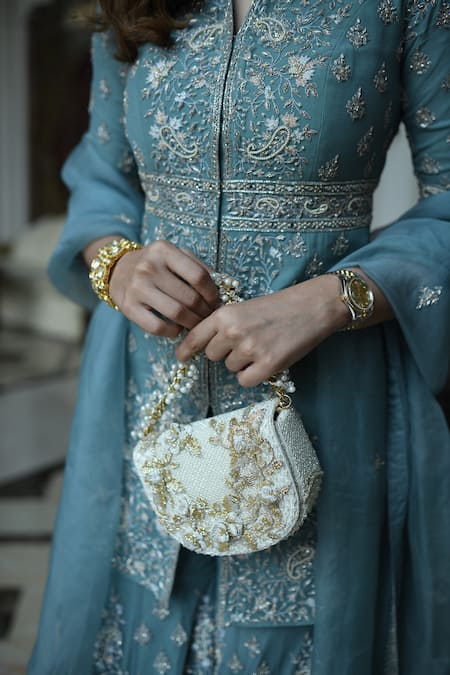 Sana Barreja_Blue Net, Lining Crepe Floral-paisley Shahana Embroidered Jacket Gharara Set _at_Aza_Fashions