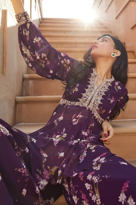 Sana Barreja_Purple Georgette Magnolia V Neck Aaira Printed Peplum And Sharara Set _Online_at_Aza_Fashions