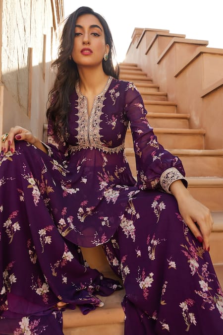 Buy_Sana Barreja_Purple Georgette Magnolia V Neck Aaira Printed Peplum And Sharara Set _Online_at_Aza_Fashions