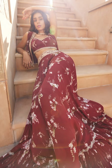 Sana Barreja_Red Georgette Magnolia Jacket Open Aabidah Printed And Sharara Set _Online_at_Aza_Fashions