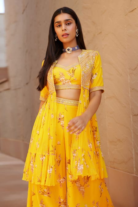 Shop Sana Barreja Yellow Chiffon Magnolia Jacket Open Eliza Printed And Sharara Set at Aza Fashions Shop_Sana Barreja_Yellow Chiffon Magnolia Jacket Open Eliza Printed And Sharara Set _at_Aza_Fashions