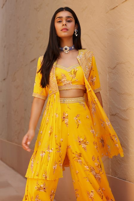 Sana Barreja Yellow Chiffon Magnolia Jacket Open Eliza Printed And Sharara Set Online at Aza Fashions Sana Barreja_Yellow Chiffon Magnolia Jacket Open Eliza Printed And Sharara Set _Online_at_Aza_Fashions