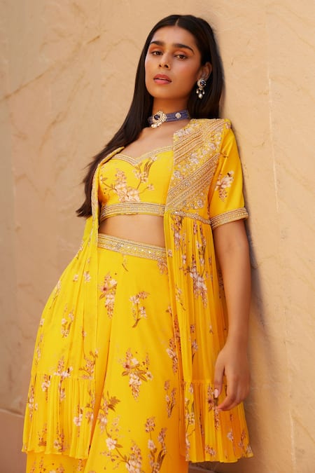 Buy Sana Barreja Yellow Chiffon Magnolia Jacket Open Eliza Printed And Sharara Set Online at Aza Fashions Buy_Sana Barreja_Yellow Chiffon Magnolia Jacket Open Eliza Printed And Sharara Set _Online_at_Aza_Fashions