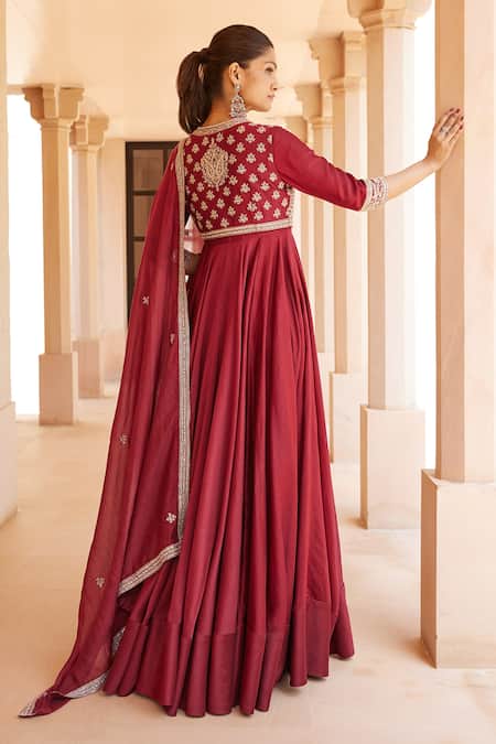 Shop Sana Barreja Red Chanderi Silk, Lining Shantoon Floral Mirab Anarkali Set With Short Jacket at Aza Fashions Shop_Sana Barreja_Red Chanderi Silk, Lining Shantoon Floral Mirab Anarkali Set With Short Jacket_at_Aza_Fashions