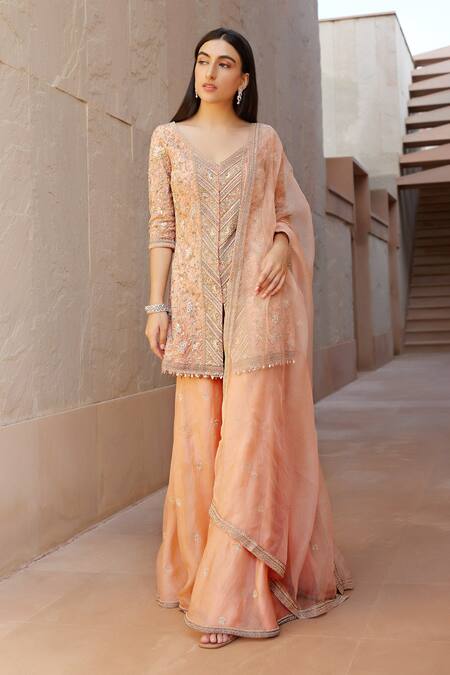 Sana Barreja Peach Net, Lining Crepe Floral Motifs V Ruhee Embroidered Jacket Gharara Set Online at Aza Fashions Sana Barreja_Peach Net, Lining Crepe Floral Motifs V Ruhee Embroidered Jacket Gharara Set _Online_at_Aza_Fashions
