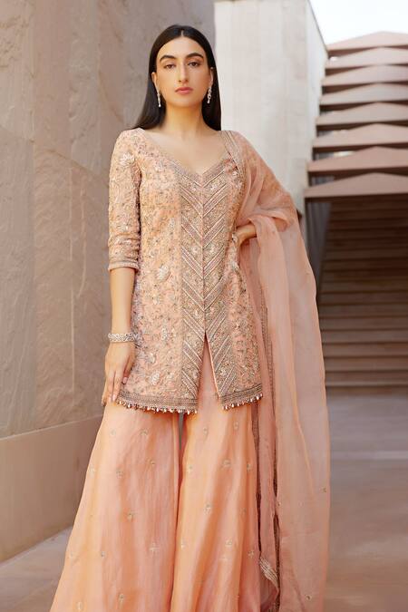 Buy Sana Barreja Peach Net, Lining Crepe Floral Motifs V Ruhee Embroidered Jacket Gharara Set Online at Aza Fashions Buy_Sana Barreja_Peach Net, Lining Crepe Floral Motifs V Ruhee Embroidered Jacket Gharara Set _Online_at_Aza_Fashions