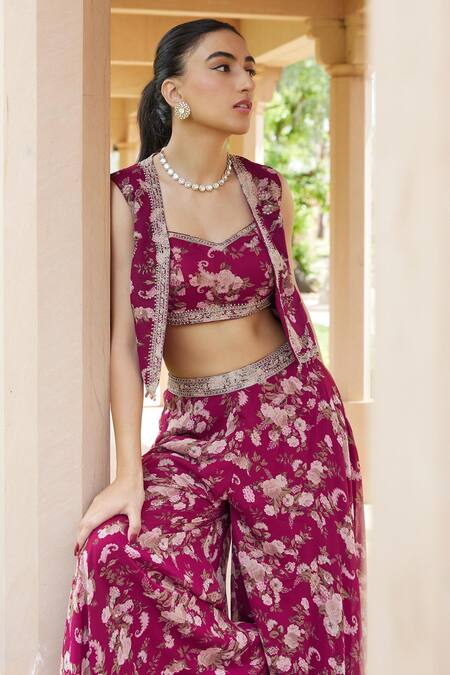 Buy_Sana Barreja_Fuchsia Georgette, Lining Shantoon Dua Printed Sharara Set With Jacket_Online_at_Aza_Fashions