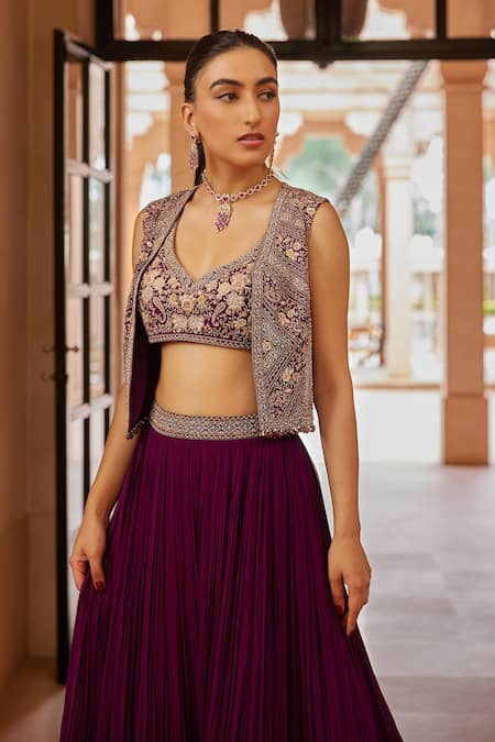 Buy_Sana Barreja_Purple Georgette, Lining Shantoon Floral-paisley Urfat Jacket Lehenga Set_Online_at_Aza_Fashions