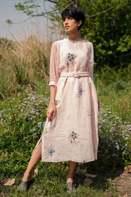 Arcvsh By Pallavi Singh Pink Linen Floral, Bead Round Print Dress 