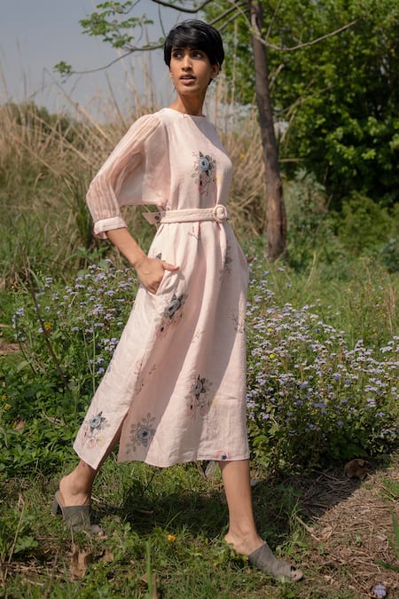 Shop Arcvsh By Pallavi Singh Pink Linen Floral, Bead Round Print Dress at Aza Fashions Shop_Arcvsh By Pallavi Singh_Pink Linen Floral, Bead Round Print Dress _at_Aza_Fashions