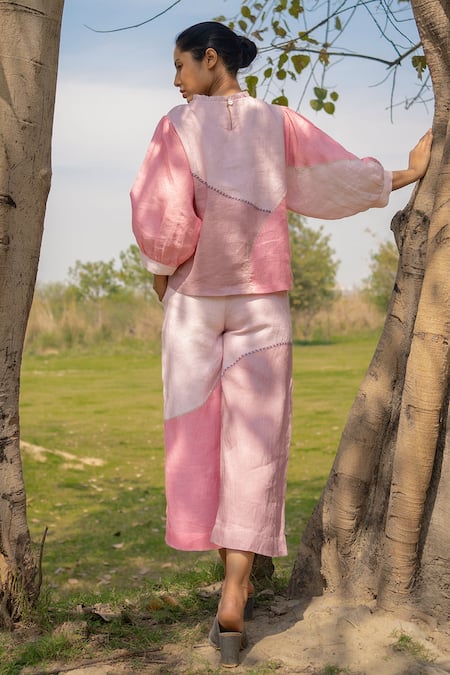 Shop Arcvsh By Pallavi Singh Pink Linen Plain Round Colorblock Top And Pant Set at Aza Fashions Shop_Arcvsh By Pallavi Singh_Pink Linen Plain Round Colorblock Top And Pant Set _at_Aza_Fashions