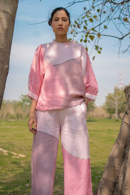 Buy Arcvsh By Pallavi Singh Pink Linen Plain Round Colorblock Top And Pant Set Online at Aza Fashions Buy_Arcvsh By Pallavi Singh_Pink Linen Plain Round Colorblock Top And Pant Set _Online_at_Aza_Fashions