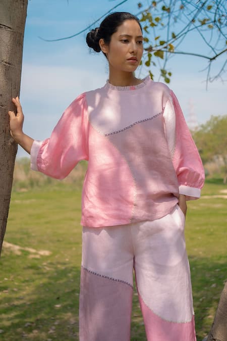 Shop Arcvsh By Pallavi Singh Pink Linen Plain Round Colorblock Top And Pant Set Online at Aza Fashions Shop_Arcvsh By Pallavi Singh_Pink Linen Plain Round Colorblock Top And Pant Set _Online_at_Aza_Fashions