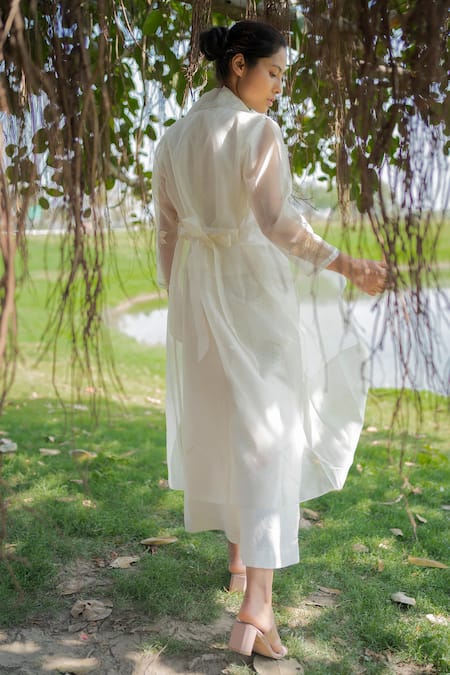 Buy Ivory Organza, Linen Floral Jacket Notched Lapel Sleeve