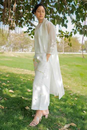 Arcvsh By Pallavi Singh_Ivory Organza, Linen Floral Jacket Notched Lapel Sleeve Embroidered And Pant Set_Online_at_Aza_Fashions