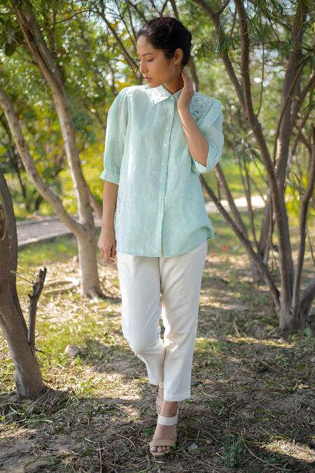 Arcvsh By Pallavi Singh_Blue Gauze Linen Floral Shirt Collar Placement Embroidered_Online_at_Aza_Fashions