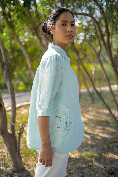 Buy_Arcvsh By Pallavi Singh_Blue Gauze Linen Floral Shirt Collar Placement Embroidered_Online_at_Aza_Fashions