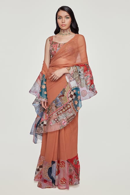 Aisha Rao Orange Georgette Embroidered Divergence Print Ruffle Saree With Blouse 