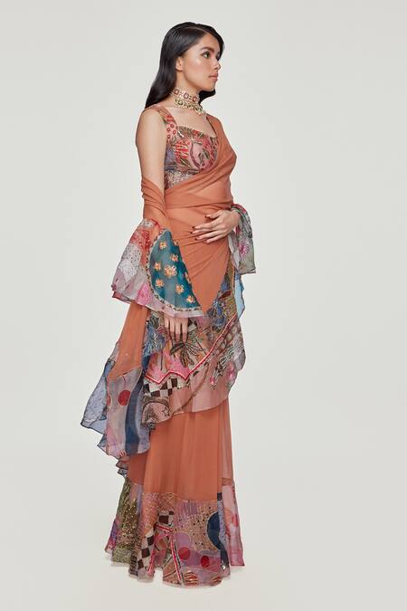 Aisha Rao_Orange Organza, Georgette Divergence Animal Print Ruffle Saree With Blouse _Online_at_Aza_Fashions