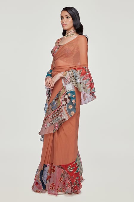 Buy_Aisha Rao_Orange Organza, Georgette Divergence Animal Print Ruffle Saree With Blouse _Online_at_Aza_Fashions