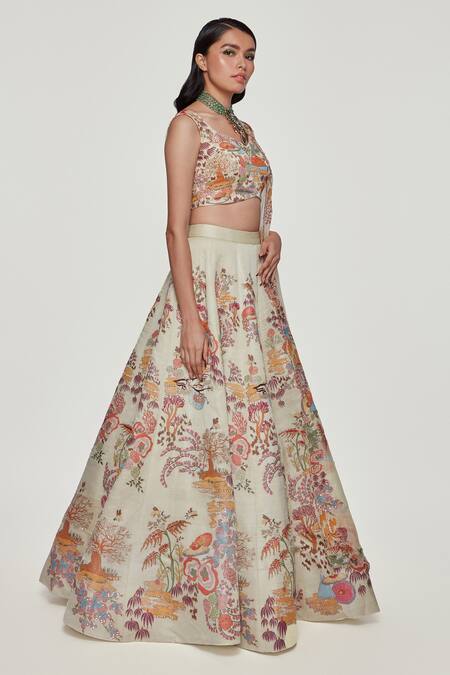 Buy_Aisha Rao_Beige Kasab Satin Divergence Sweetheart Neck Applique Embellished Lehenga Set _Online_at_Aza_Fashions
