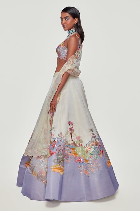 Aisha Rao_Ivory Kasab Satin Divergence Cutwork Neck Applique Lehenga Set _Online_at_Aza_Fashions