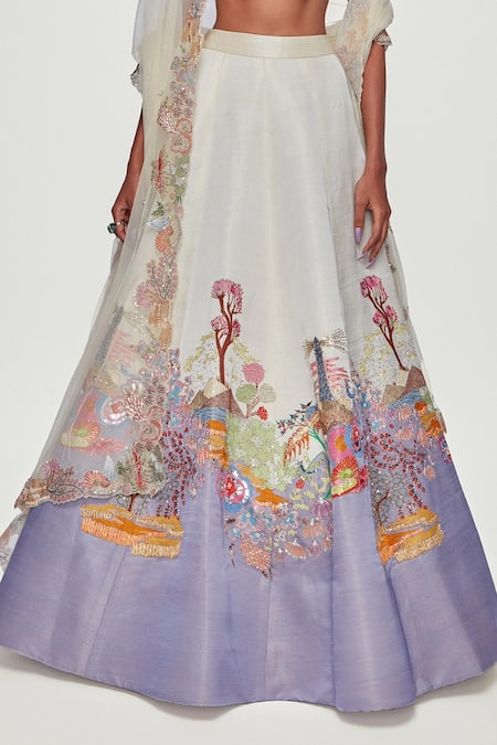 Shop_Aisha Rao_Ivory Kasab Satin Divergence Cutwork Neck Applique Lehenga Set _Online_at_Aza_Fashions