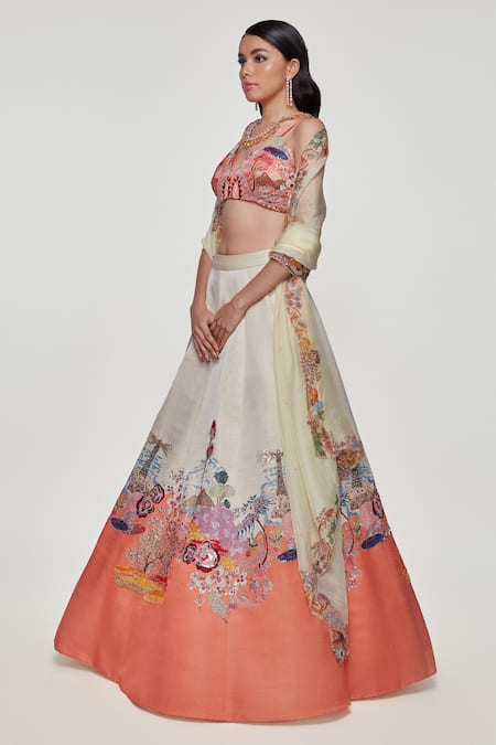 Aisha Rao Ivory Kasab Satin, Tulle Divergence Cutwork Neck Applique Lehenga Set 
