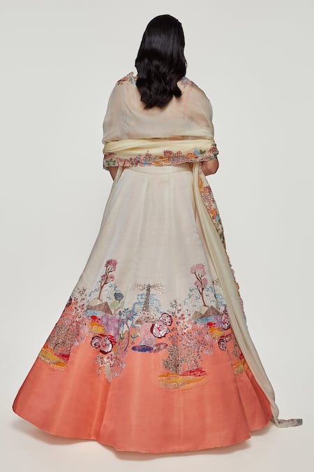 Shop Aisha Rao Ivory Kasab Satin, Tulle Divergence Cutwork Neck Applique Lehenga Set at Aza Fashions Shop_Aisha Rao_Ivory Kasab Satin, Tulle Divergence Cutwork Neck Applique Lehenga Set _at_Aza_Fashions