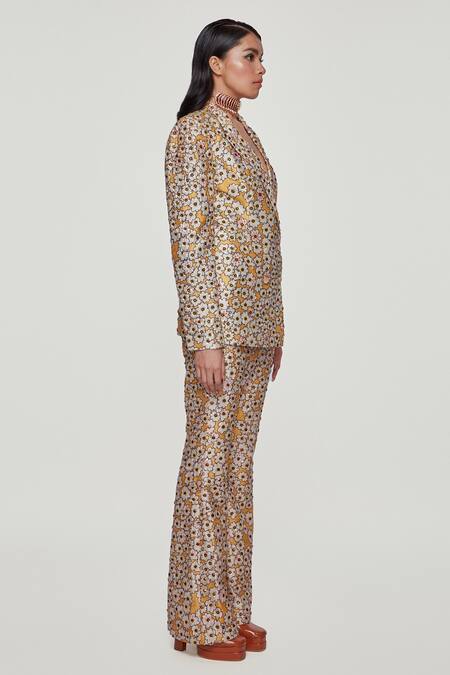 Aisha Rao_Yellow Raw Silk Floral Notched Lapel Print Blazer And Pant Set _Online_at_Aza_Fashions