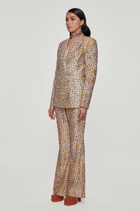 Buy_Aisha Rao_Yellow Raw Silk Floral Notched Lapel Print Blazer And Pant Set _Online_at_Aza_Fashions