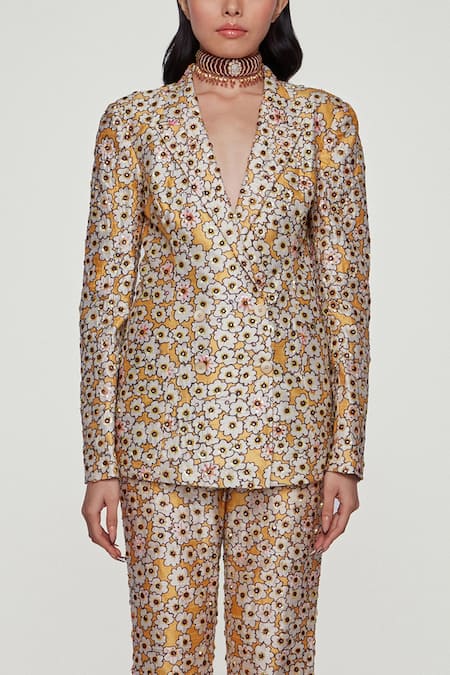 Shop_Aisha Rao_Yellow Raw Silk Floral Notched Lapel Print Blazer And Pant Set _Online_at_Aza_Fashions