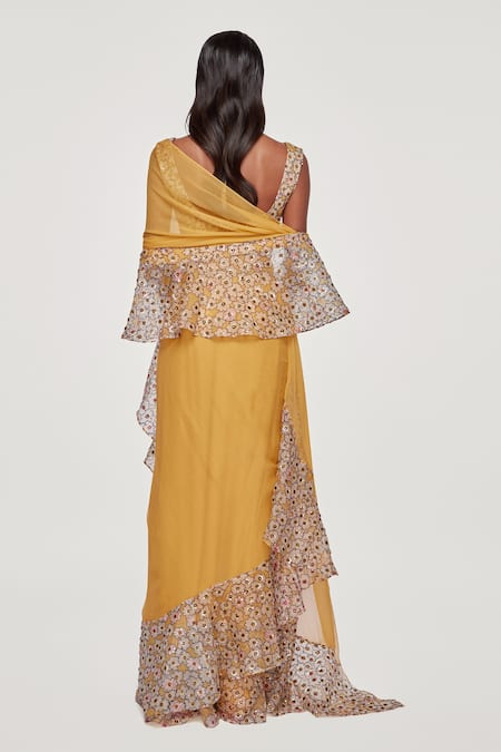 Shop Aisha Rao Yellow Organza, Georgette Floral Sweetheart Neck Print Ruffle Saree With Blouse at Aza Fashions Shop_Aisha Rao_Yellow Organza, Georgette Floral Sweetheart Neck Print Ruffle Saree With Blouse _at_Aza_Fashions